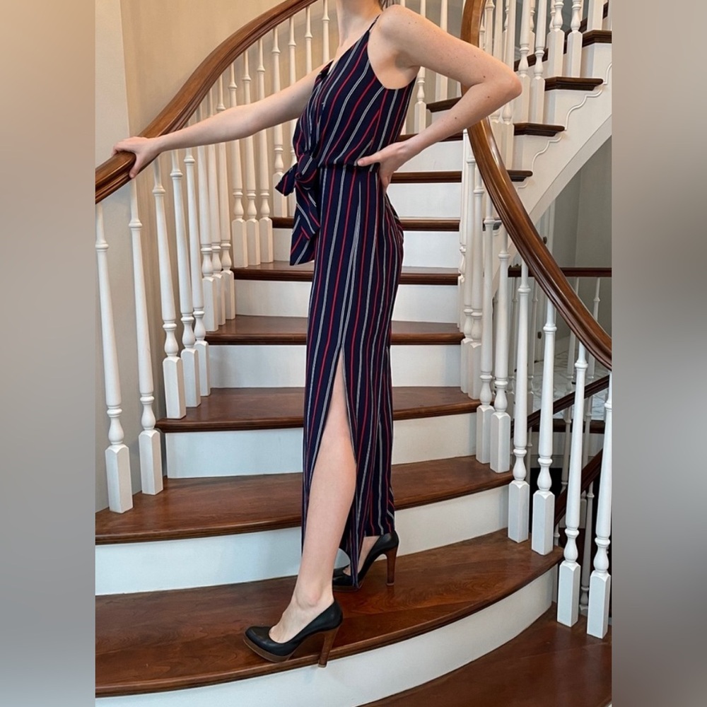 Monteau jumpsuit. Slit legs, front tie belt, zipper back.  Flattering fit